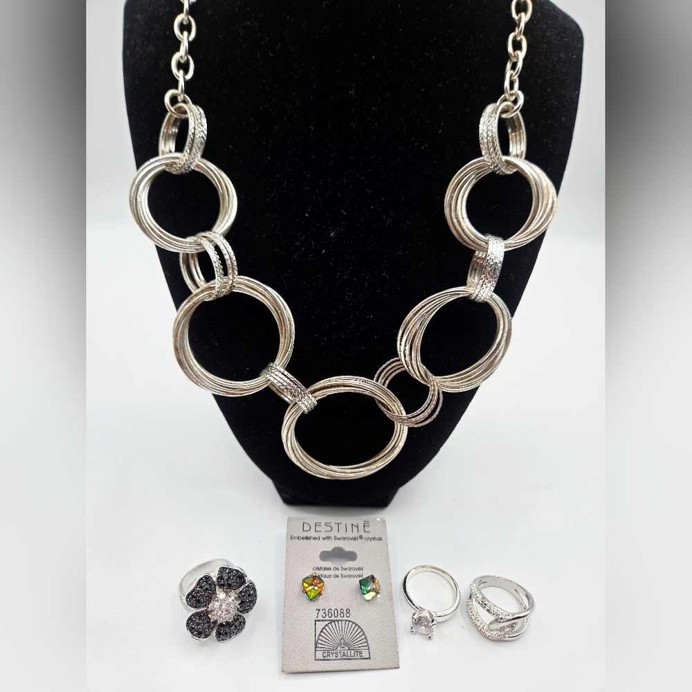 LOT of Fashion Jewelry Silver Tone NWT Crystal Earrings Rings Necklace